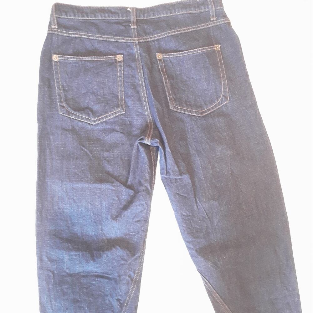 WHEART Blue Dark Washed Cropped Barrel Tapered Baggy Jeans Raw Hem High Rise - Picture 7 of 14